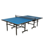 SUNFLEX Euro T-160 Indoor Table Tennis Table front angle with ping pong net. Normal playing position folded down. 