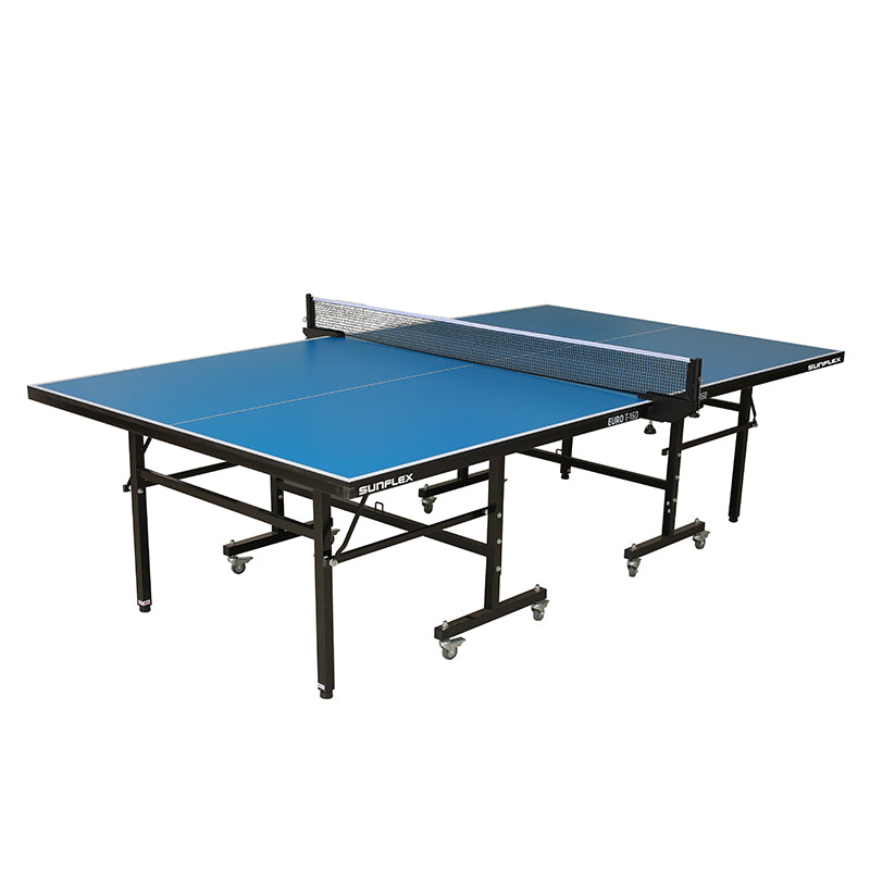 SUNFLEX Euro T-160 Indoor Table Tennis Table front angle with ping pong net. Normal playing position folded down. 