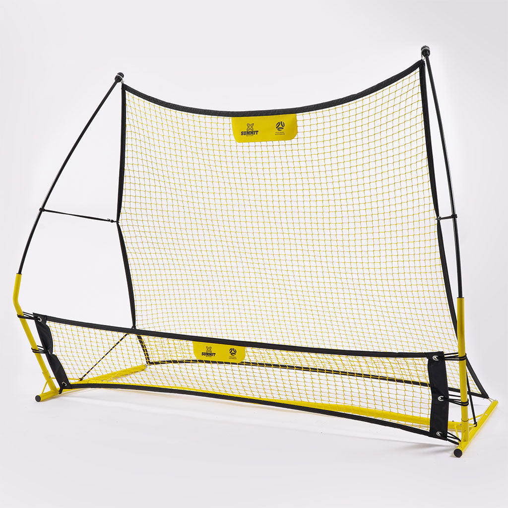 Side view showing angled football australia rebounder net for low and high ball return