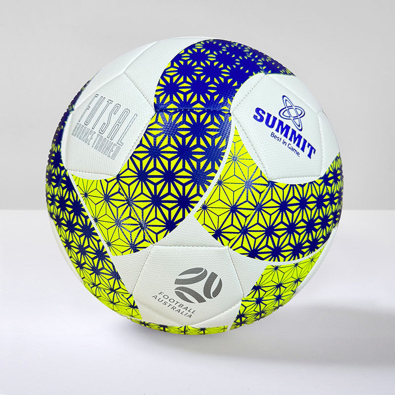 Football Australia Advance Futsal Ball Size 4 - senior ball for indoor soccer - white, neon yellow and navy