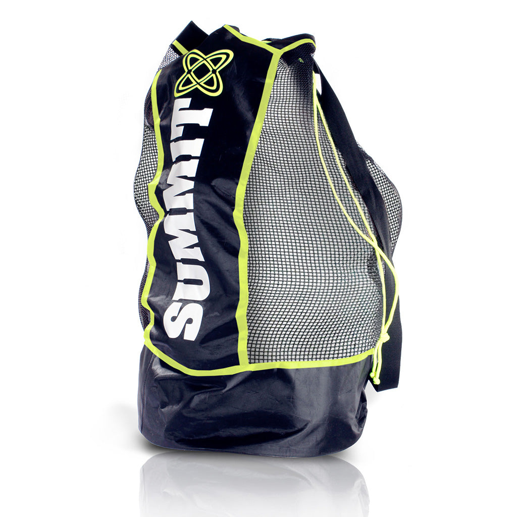 Heavy Duty 12 Ball Bag for Clubs or Schools, standing upright on white background. Durable black nylon and mesh, fluro yellow piping around edges and fluro drawstring.