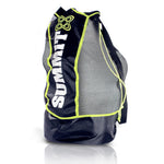 Heavy Duty 12 Ball Bag for Clubs or Schools, standing upright on white background. Durable black nylon and mesh, fluro yellow piping around edges and fluro drawstring.