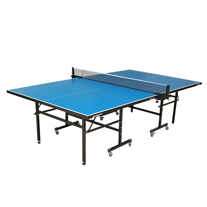 SUNFLEX Mesa T-120 table tennis table normal play position. Ping Pong table is shown with table tennis net.