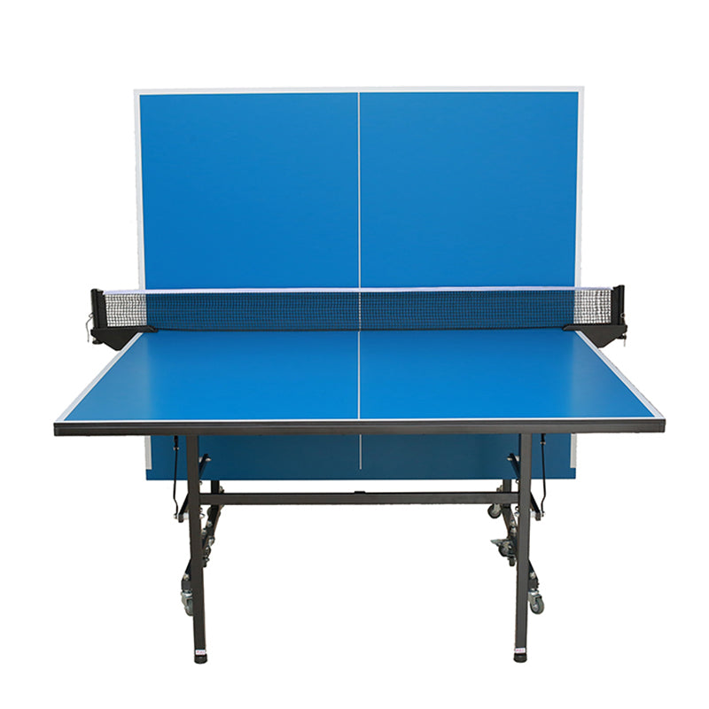 SUNFLEX Mesa T-120 table tennis table in playback position front on. Ping Pong table is shown with table tennis net.