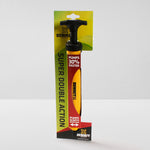 Image of the Summit Super Double Action pump, in packaging, on a grey background. Text on packaging states the pump 'pumps 30% faster' and 'pumps in both directions'.