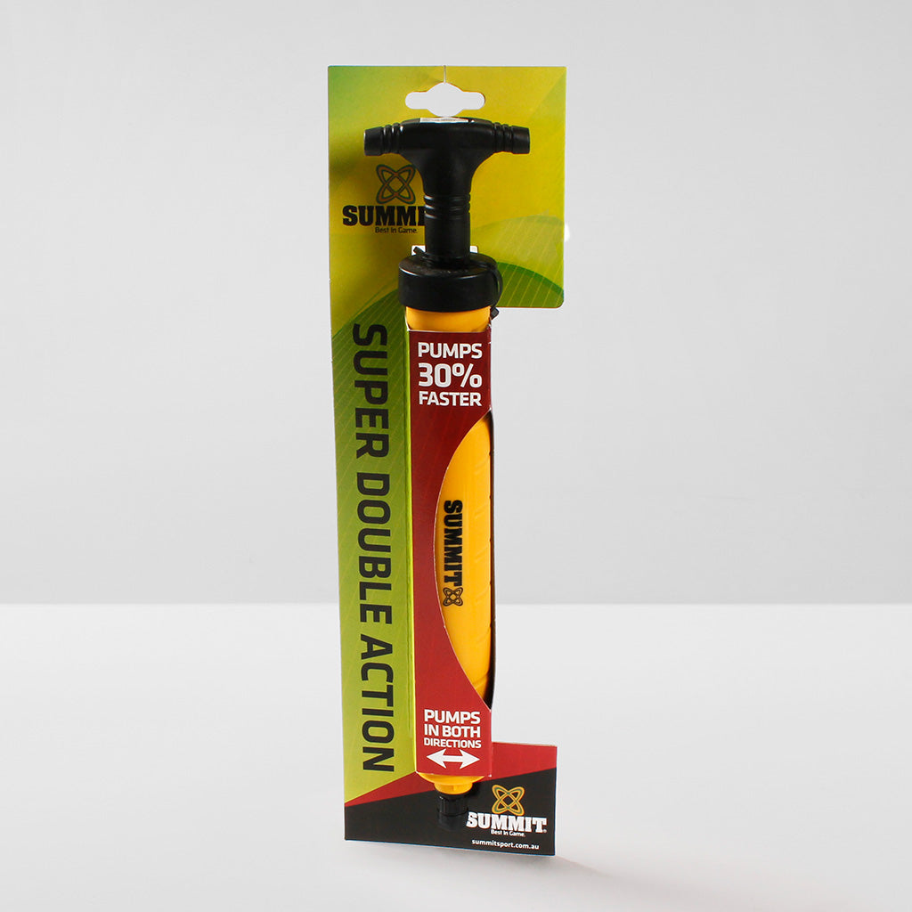 Image of the Summit Super Double Action pump, in packaging, on a grey background. Text on packaging states the pump 'pumps 30% faster' and 'pumps in both directions'.