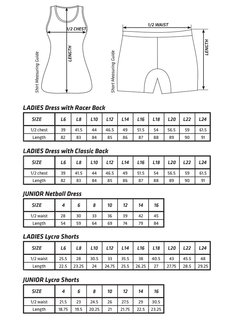 Summit Sport Measurement chart for various netball garments including netball dress and lycra shorts with size guides.