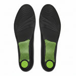 Black shoe insoles with green accents on a white background