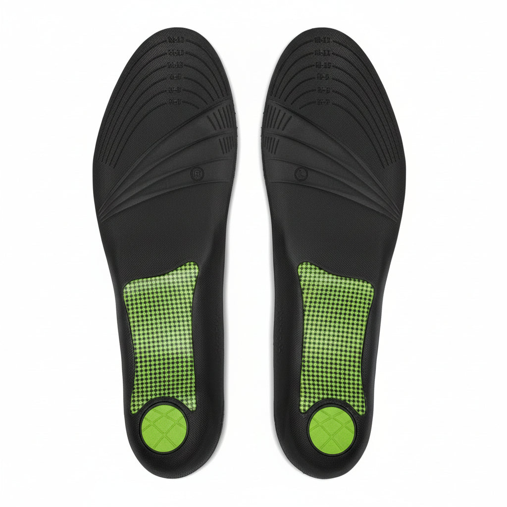 Black shoe insoles with green accents on a white background