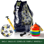 summit sport soccer pack including 10 footballs, 1 ball bag, 50 cones, 1 brass whistle and 1 ball pump