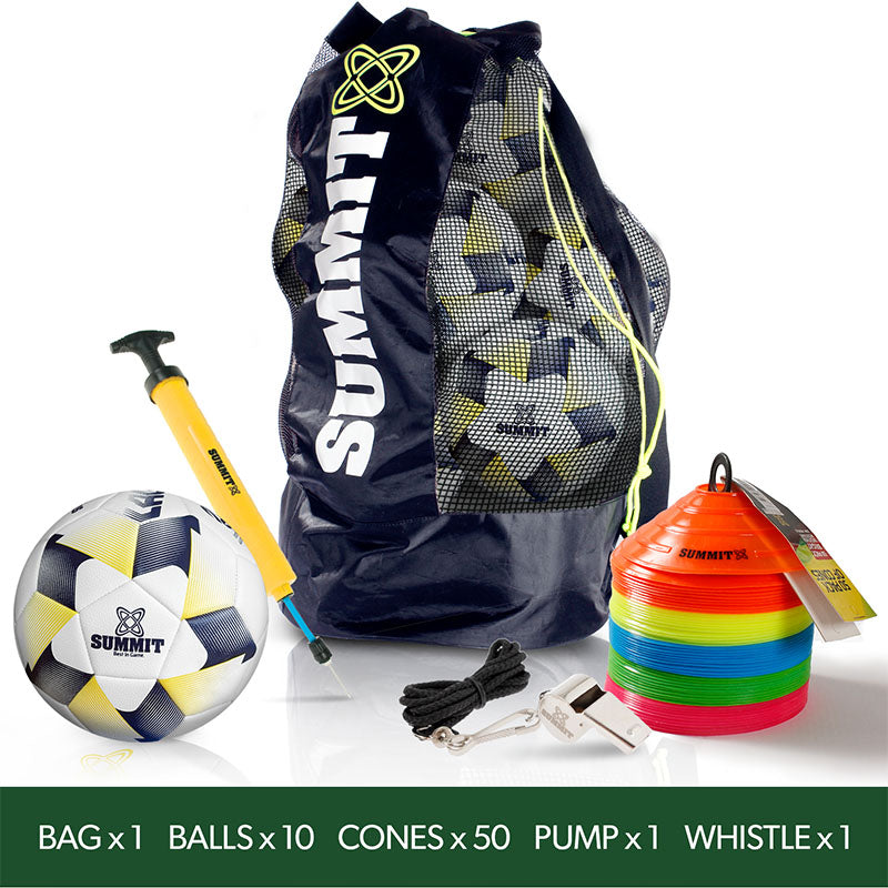 summit sport soccer pack including 10 footballs, 1 ball bag, 50 cones, 1 brass whistle and 1 ball pump