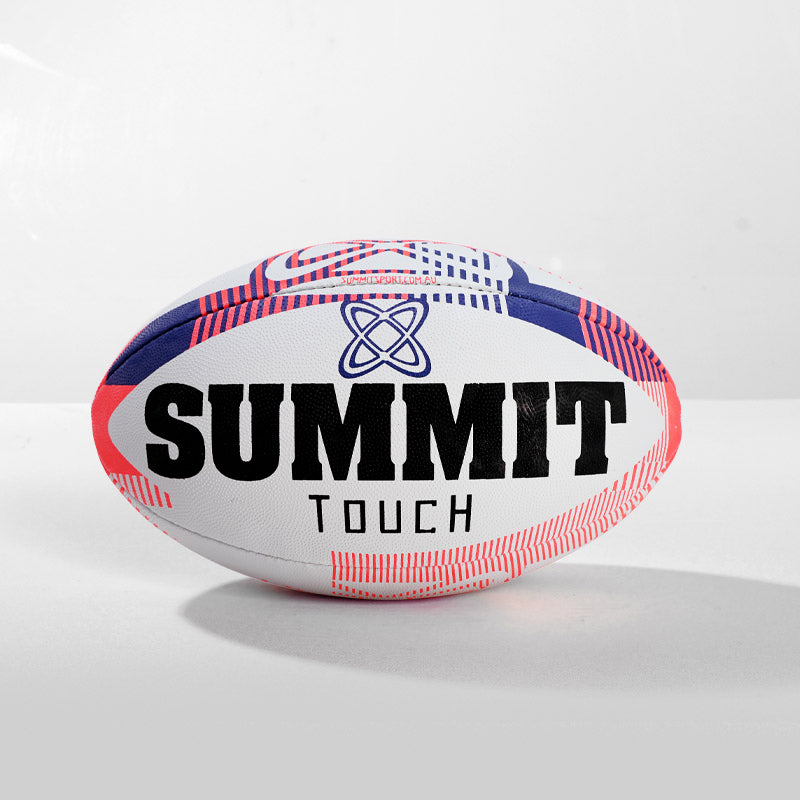 SUMMIT Full size touch rugby ball for training and matches. White, navy and fluro orange colours.