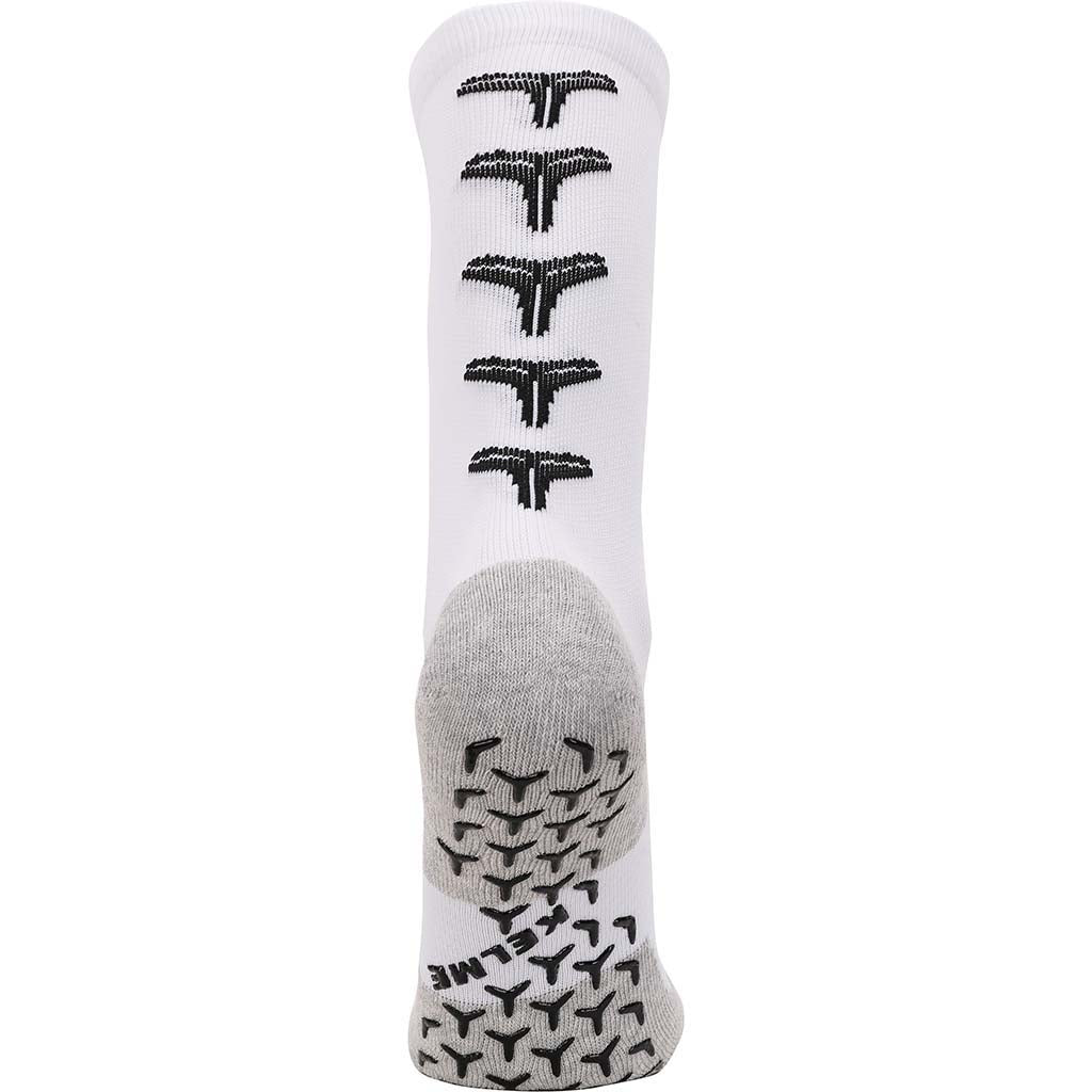 Crew sock rear facing showing silicon grip pads to help with sports. White sock white background used for sports
