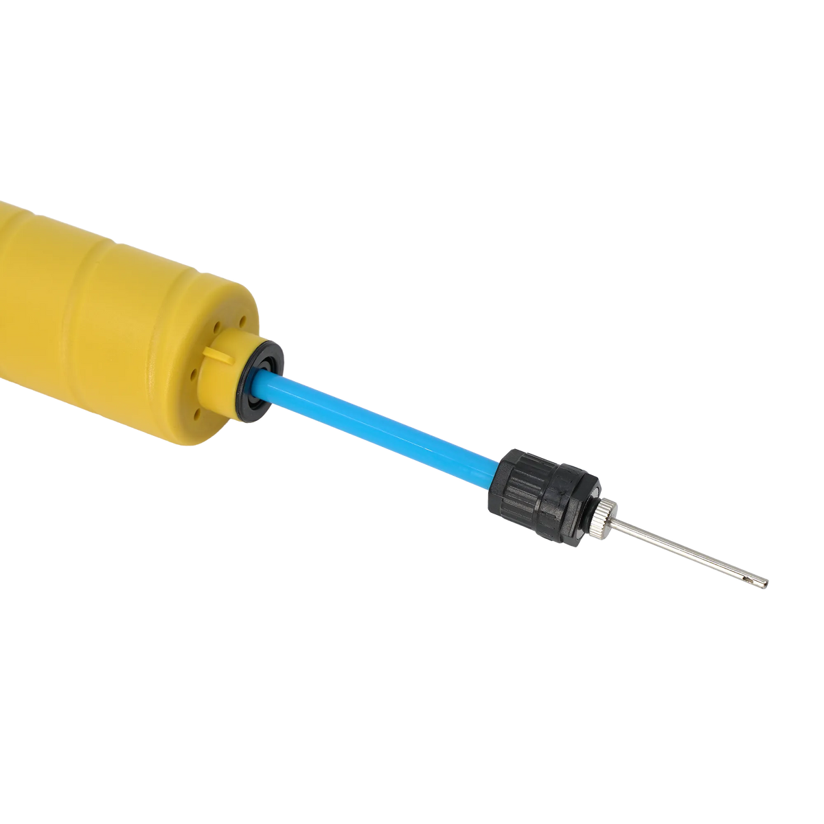 A close-up of a yellow cylindrical tool with a bright blue rod extending from the side, fitted with a black connector and a thin metal probe tip, shown on a plain white background.