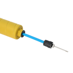 A close-up of a yellow cylindrical tool with a bright blue rod extending from the side, fitted with a black connector and a thin metal probe tip, shown on a plain white background.