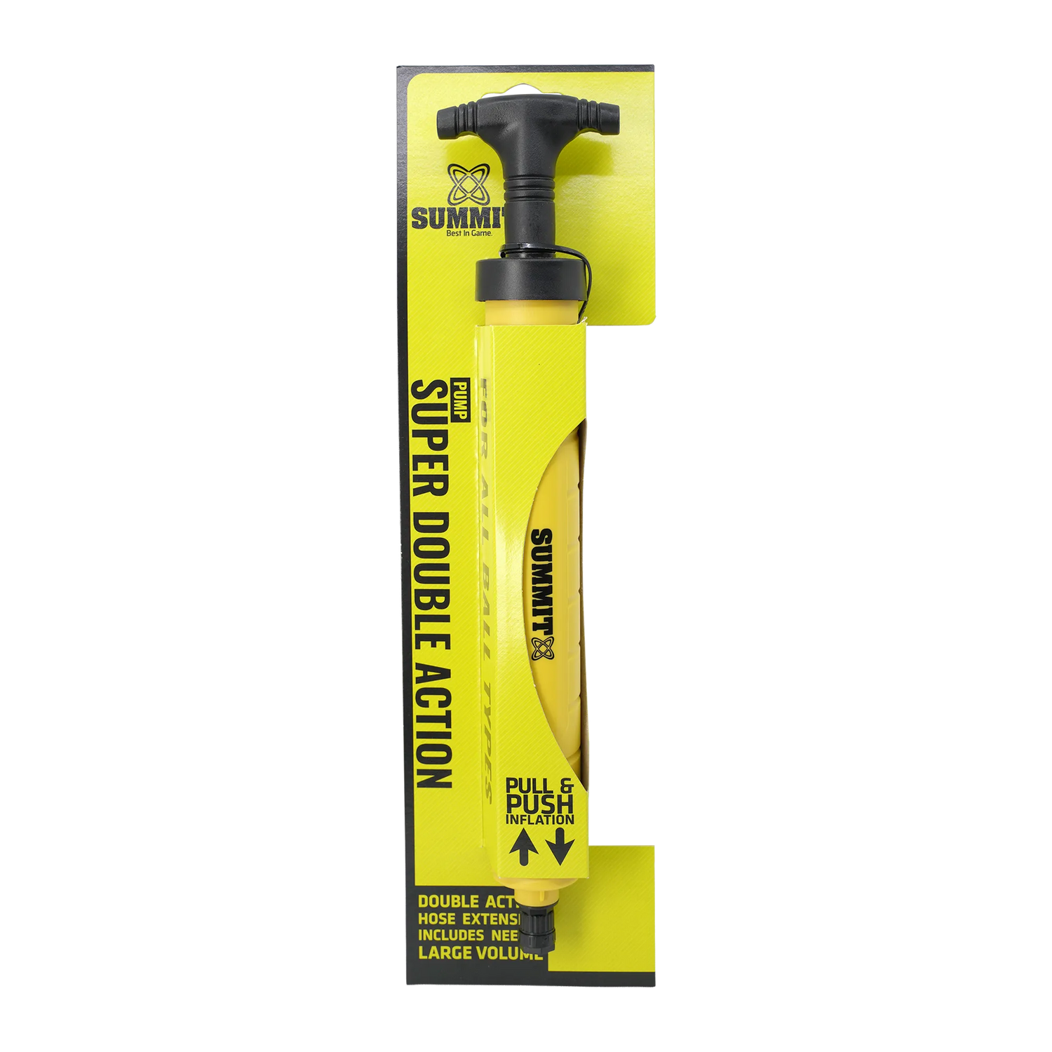 Summit Super Double Action hand pump in its original retail packaging, featuring a bright yellow and black design.