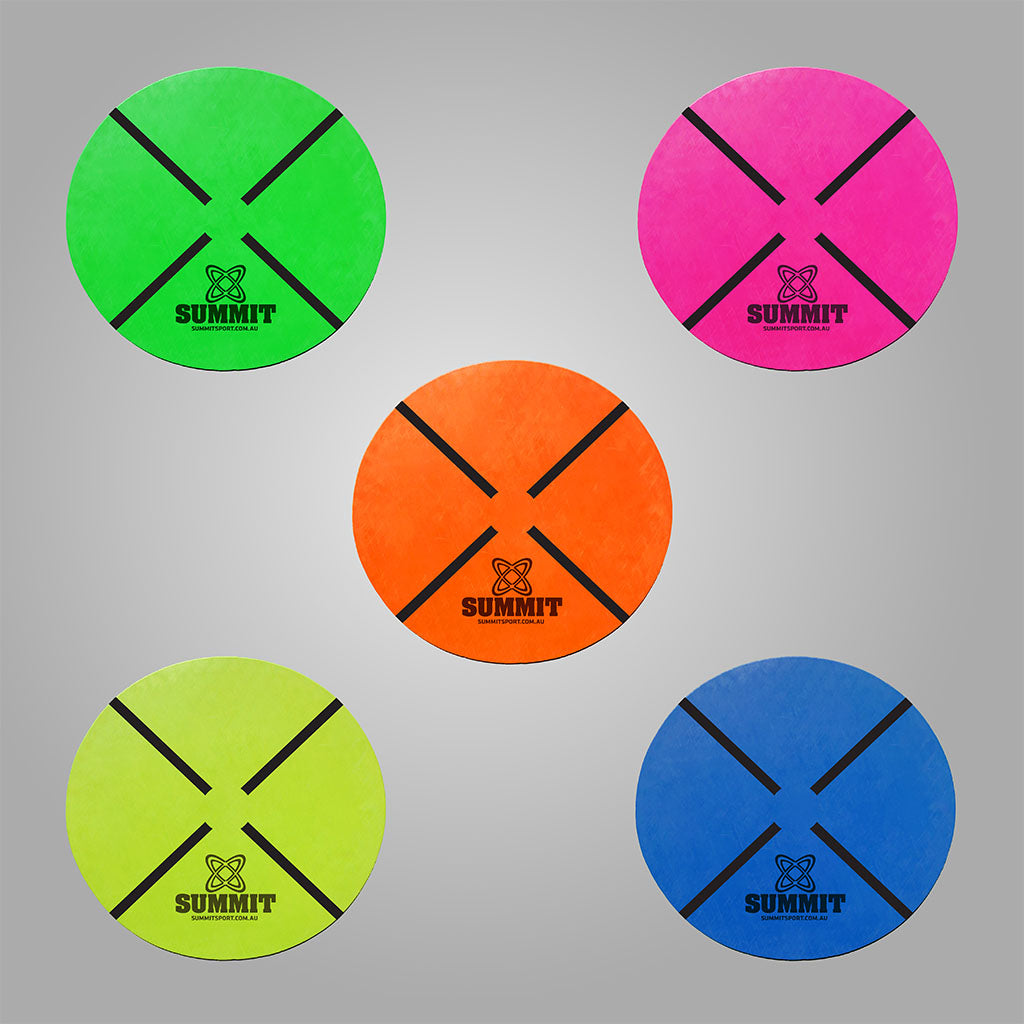 Hi-Vis Rubber agility markers for all sports, gymnastics, school PE games. Pictured are the 5 colours that come in the 50 pack - Green, Orange, Blue, Pink, and Yellow