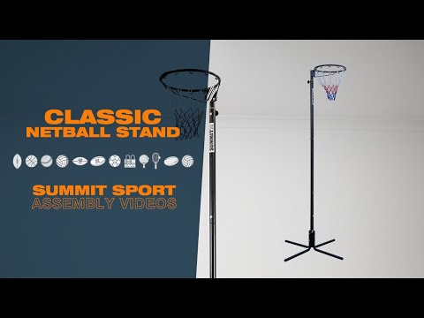 Instructional video showing how to assemble and adjust the SUMMIT Classic Netball Stand, including setting up the base, attaching the pole, and securing the netball ring for use.