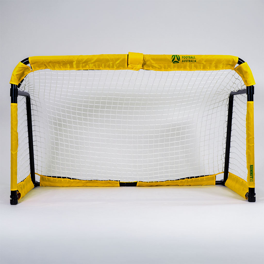 SUMMIT x Football Australia metal folding soccer goal fully assembled – perfect for clubs, schools and backyards. Aluminium style soccer goal on white background 180cm 6ft is size