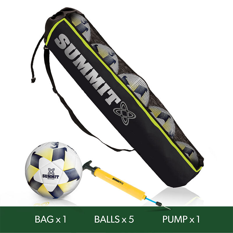 summit sport soccer pack including 5 footballs, 1 ball bag, and 1 ball pump