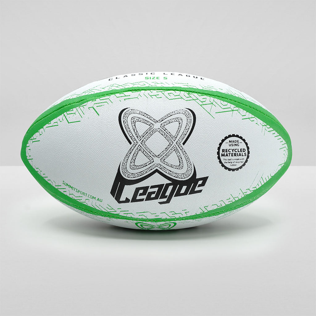 summit classic rugby league ball size 5 green, black and white. Made using recycled rubber.