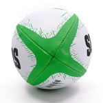 summit classic rugby league ball size 5 green, black and white. View of the 4 panels intersecting.