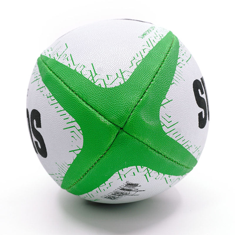 summit classic rugby league ball size 5 green, black and white. View of the 4 panels intersecting.