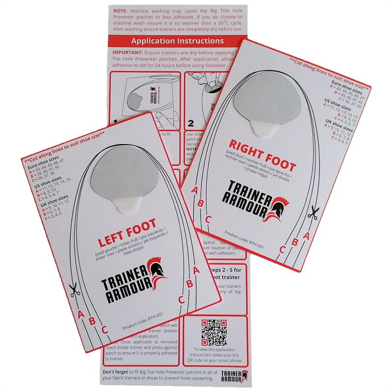 Trainer Armour Big Toe Hole Preventer is a reinforced self-adhesive patch and applicator system that prevents your big toe wearing a hole in your expensive trainers, running shoes or fabric footwear.