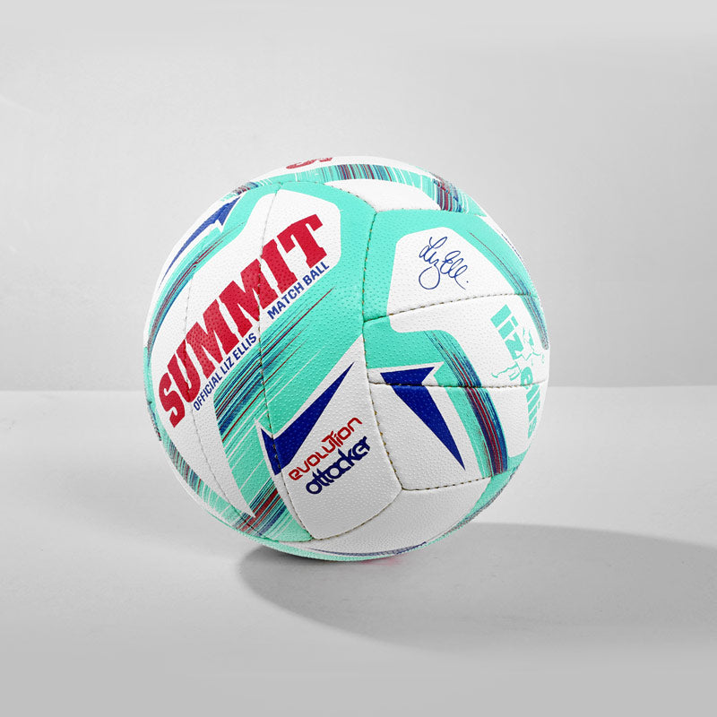 SUMMIT Evolution Attacker Netball in size 5. Liz Ellis signature model of netball for professional netballers to use on court. Netball is teal, white, blue and red. The netball has grippy rubber outer. 