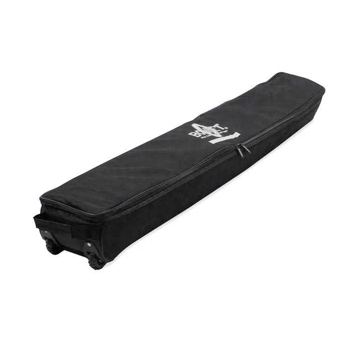 A black wheeled carrying bag for Bownet Soccer Goals with the Bownet logo on the side.