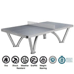 CORNILLEAU Pro Park Outdoor Table Cornilleau showing icons with fire resistance, anti shock, weather resistant, graffiti resistant, strong and tough, 10 year warranty and quick construction time.