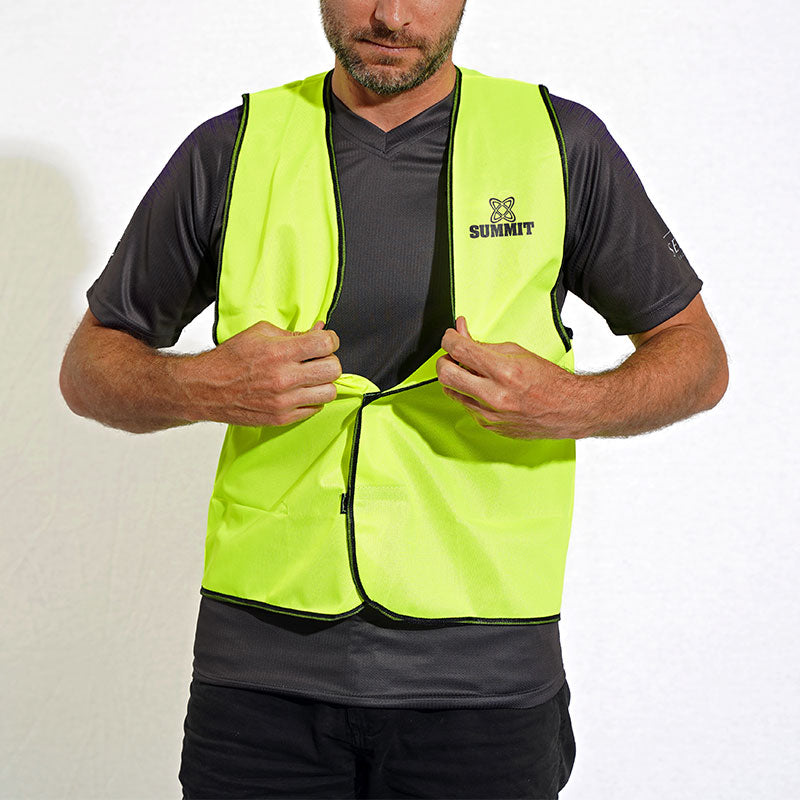 Fluro yellow open front safety mesh bib. Sports open front mesh bib. 