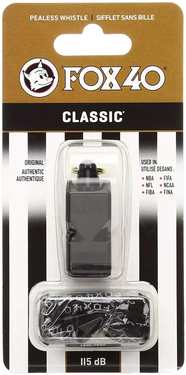 Fox 40 whistle in packaging. Whistle with lanyard header card. Professional sports whistle
