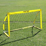 FASTNET 0.9 x 1.5m (3'x5') Soccer Net in yellow on grass football pitch. Soccer Net for kids and recreational games of soccer.