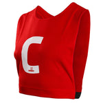 Red centre netball bib with elastic sides. Can be used for netball traiing. Netball bib fits kids and adult netballers.