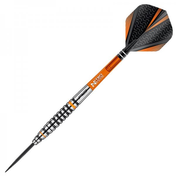 Red Dragon Amberjack 14 Steel Tip Dart. Silver, orange and black. Professional dart to play on a dartboard.