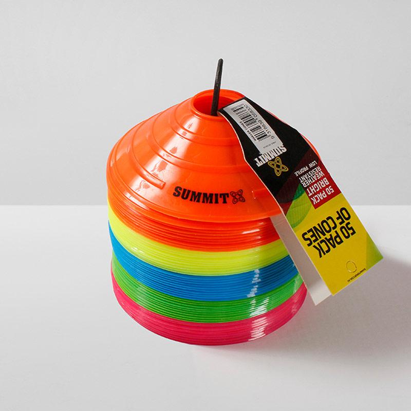 SUMMIT Marker Cones 50 Pack – high-visibility fluro training cones stacked on a grey background, ideal for sports drills and field marking.