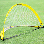 Pop-up soccer goal on grass pitch. Twin soccer goals pack for kids, schools and clubs. Offical football Australia goals. Each pack comes wih 2 pop-up half dome goals, pegs and carry bag. 