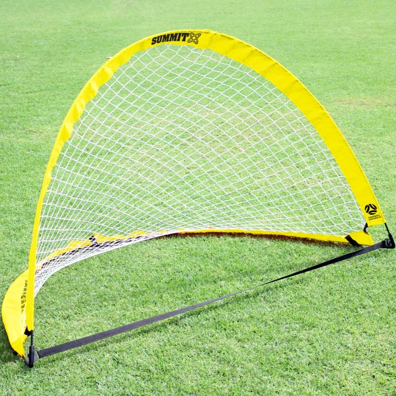 Pop-up soccer goal on grass pitch. Twin soccer goals pack for kids, schools and clubs. Offical football Australia goals. Each pack comes wih 2 pop-up half dome goals, pegs and carry bag. 