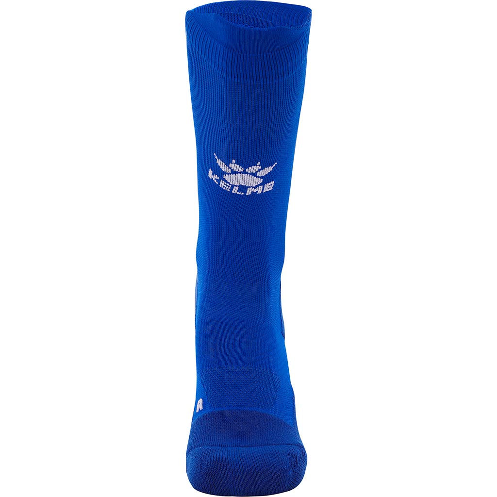 front facing blue crew sock anti slip grip sock by Kelme. Sports sock with grip in crew style