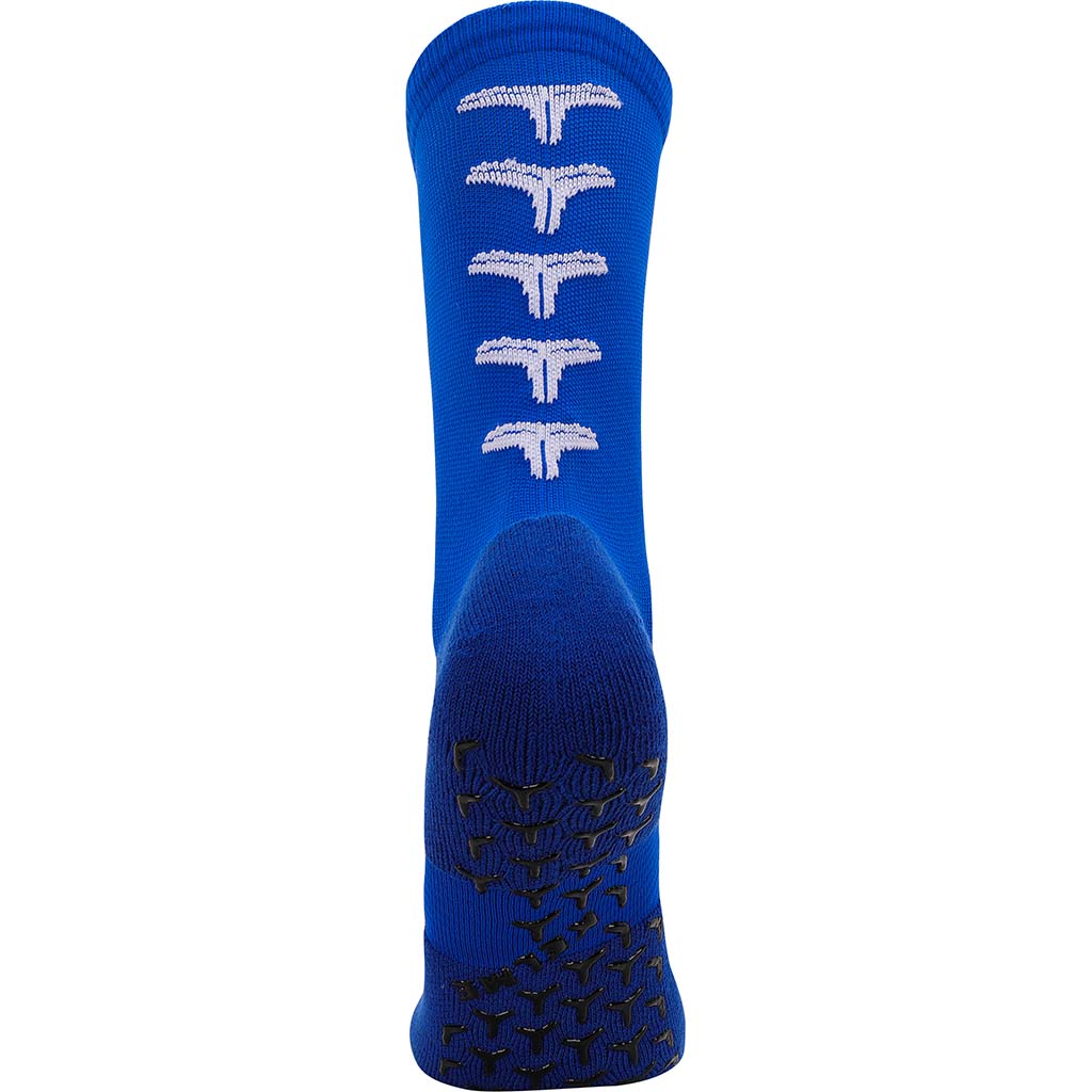 rear facing blue crew sock anti slip grip sock by Kelme. Sports sock with grip in crew style