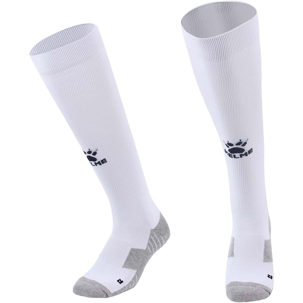 Kelme Football Socks Full Length - white with black logo. Available at summit sport.