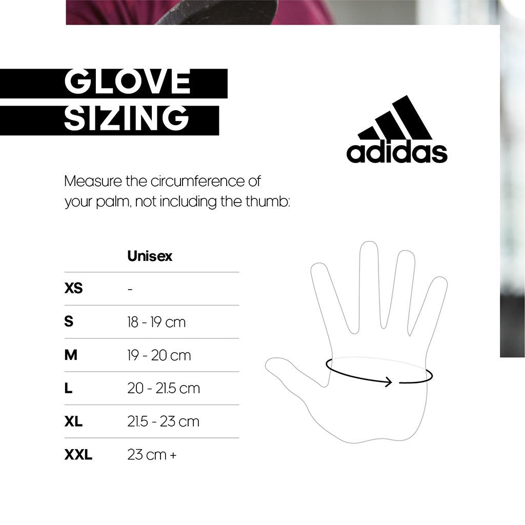 adidas glove size guide - ensure you measure your hand correctly to get the right fitting glove. adidas elite training gloves are availeble in size Small, Medium, Large, Extra Large and XXL.